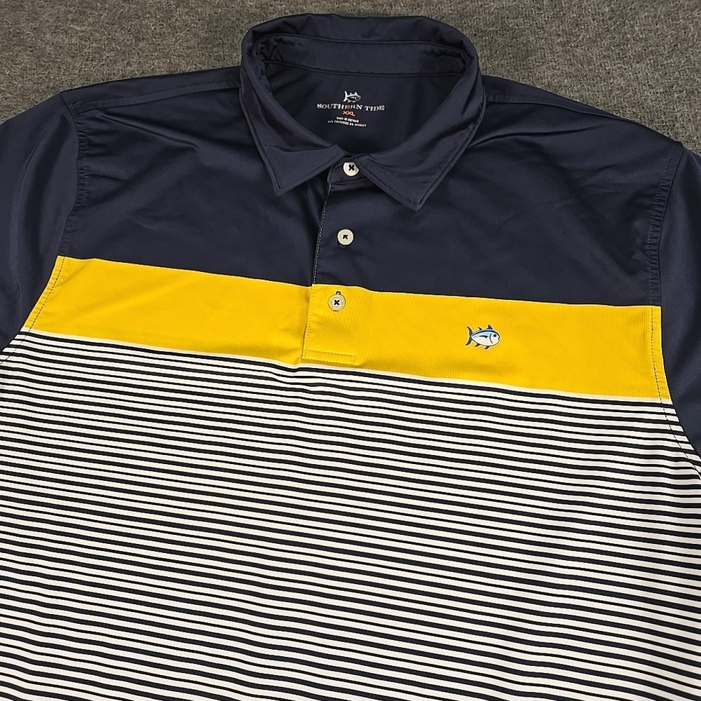 Southern Tide Polo Shirt Mens 2XL Blue Striped Golf Performance Stretch Logo